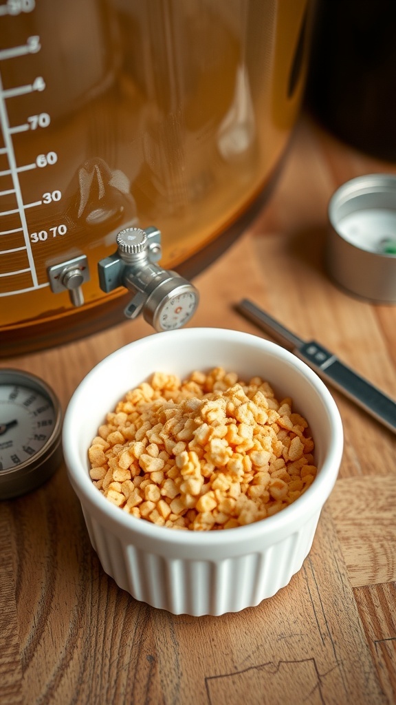 A bowl of yeast nutrient granules with brewing equipment in the background.